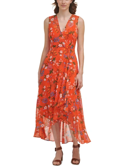 Calvin Klein Womens Floral Print Long Maxi Dress In Orange