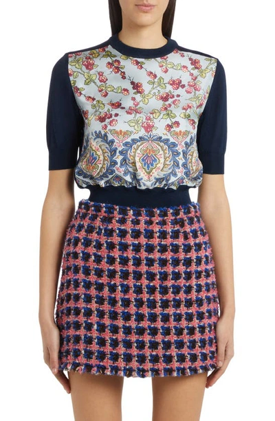 Etro Berry-print Silk Panel Knit Crop Top In Navy