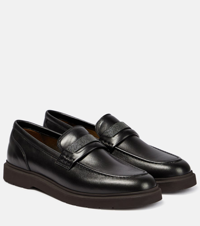 Brunello Cucinelli Monili-trim Leather Loafers In Nero