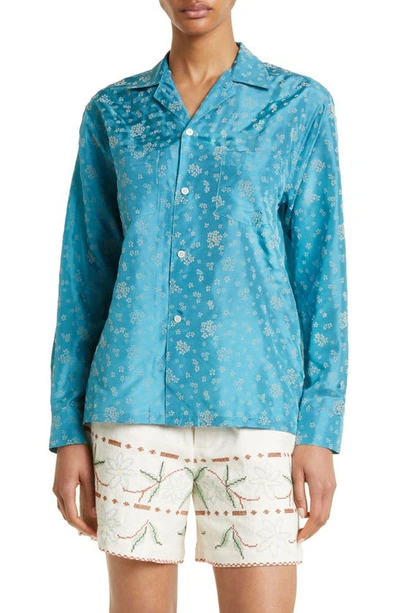 Bode Flocked Floral Silk Button-up Shirt In Blue Cream