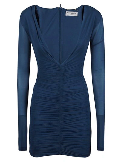 Saint Laurent Rear Zip V-neck Midi Dress In Blue