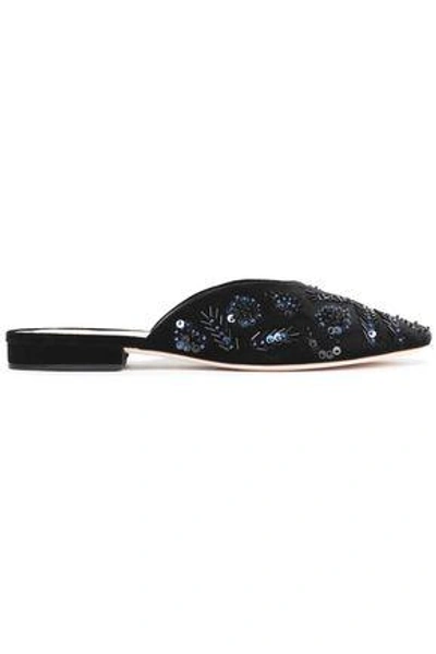 Loeffler Randall Woman Bead And Sequin-embellished Velvet Slippers Black