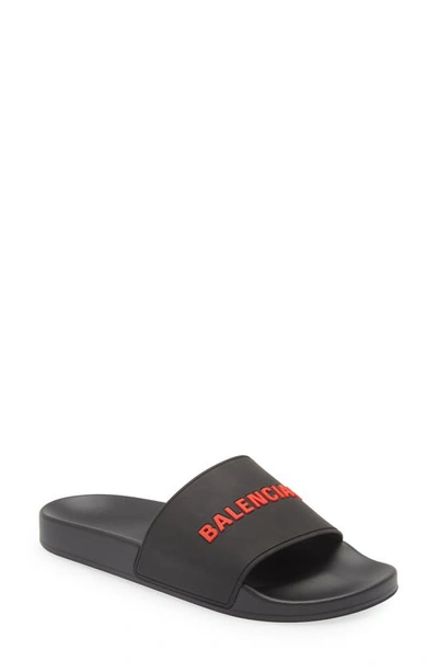 Balenciaga Logo Slide Sandal In Blackred