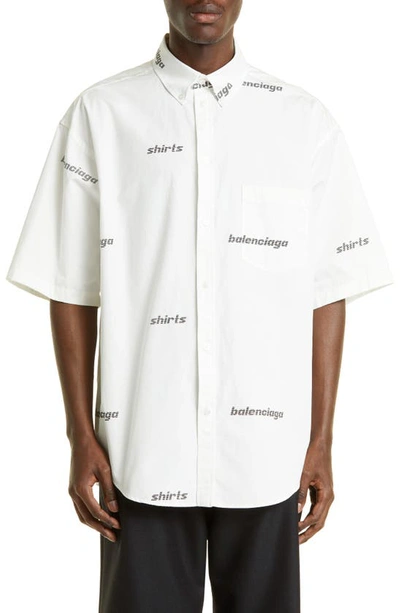 Balenciaga Shirt Logo Cotton Button-down Shirt In White/ Black