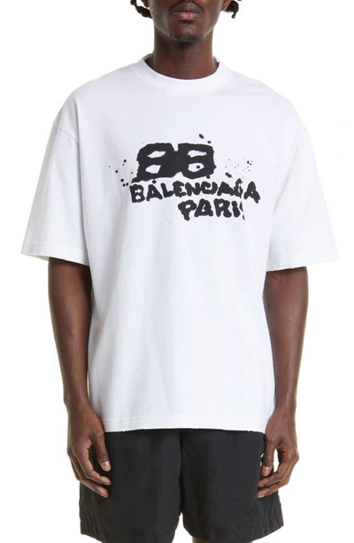 Balenciaga Dirty Bb Icon Logo Stretch Cotton Graphic Tee In White/ Black