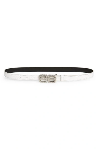 Balenciaga Bb Hourglass Croc Embossed Leather Skinny Belt In Optic White