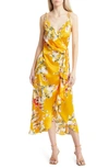 Astr Floral Satin Wrap Dress In Yellow Floral