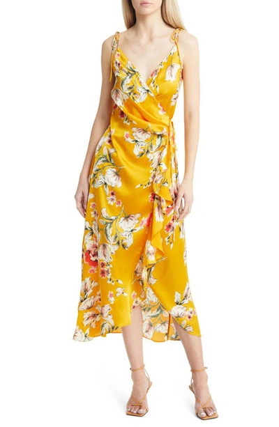 Astr Floral Satin Wrap Dress In Yellow Floral