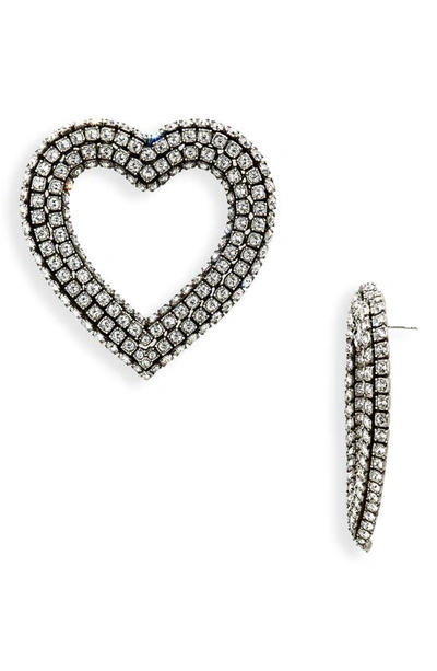 Balenciaga Pavé Crystal Heart Drop Earrings In Ant Silver/ Crystal