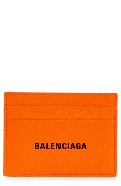 Balenciaga Logo Leather Card Case In Fluo Orange/ L Black
