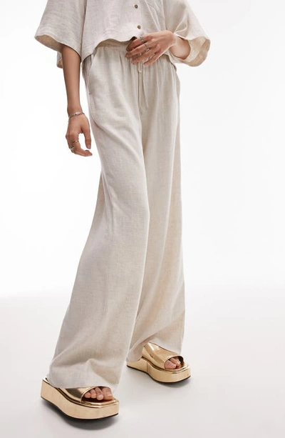 Topshop Curve Sand Linen Wide Leg Relaxed Pants In Neutral - Part Of A Set
