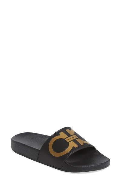 Ferragamo Groove Gancini Flat Slide Sandal, Nero/oro In Black/ Gold