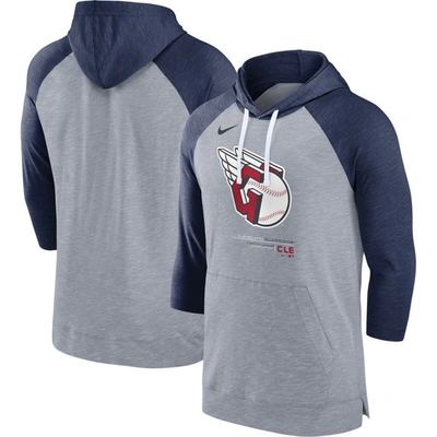 Nike Men's  Heather Gray, Heather Navy Cleveland Guardians Baseball Raglan 3/4-sleeve Pullover Hoodie In Heather Gray,heather Navy