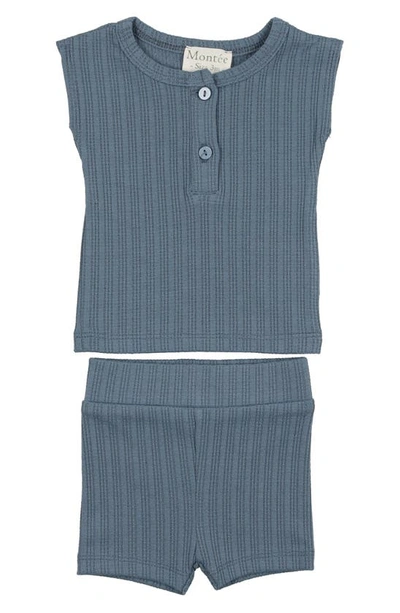 Maniere Manière Rib Cotton Tank & Shorts Set In Blue