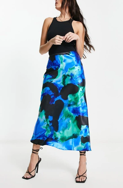 Asos Design Bias Cut Satin Midi Skirt In Blue