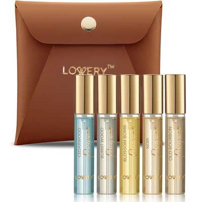 Lovery Travel Cologne Spray For Men, 5pc Woodsy Scented Mini Body Perfumes With Pouch In Brown