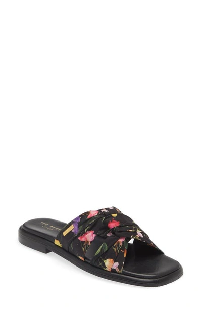 Ted Baker Womens Black Ashni Floral-print Twist-knot Cotton Sandals