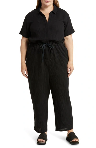 Eileen Fisher Petite Short-sleeve Crinkled Gauze Jumpsuit In Black