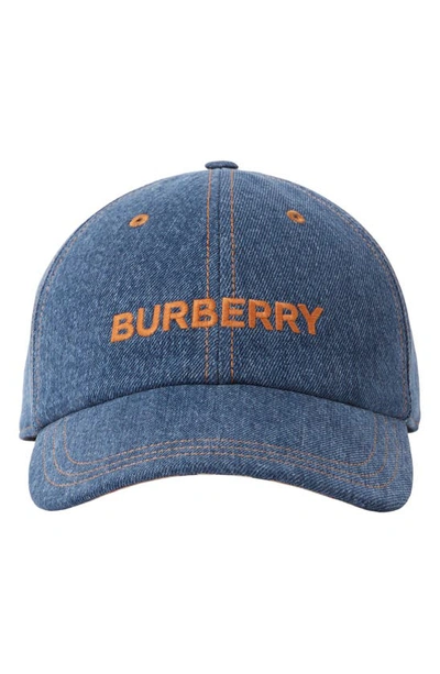Burberry Embroidered Logo Washed Denim Baseball Cap In Blue
