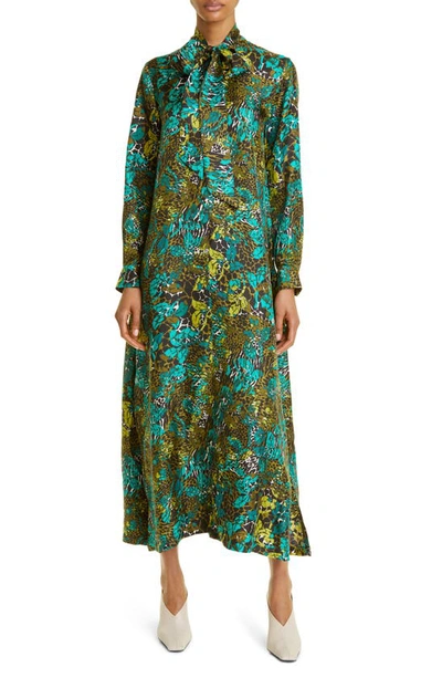 Max Mara Calate Animal-print Neck-tie Maxi Dress In Verde_oliva