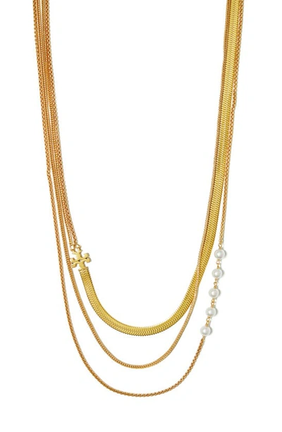 Tory Burch Kira Logo & Cultured Freshwater Pearl Layered Necklace In 18k Gold Plated, 18 In Tory Gold/tory Gold