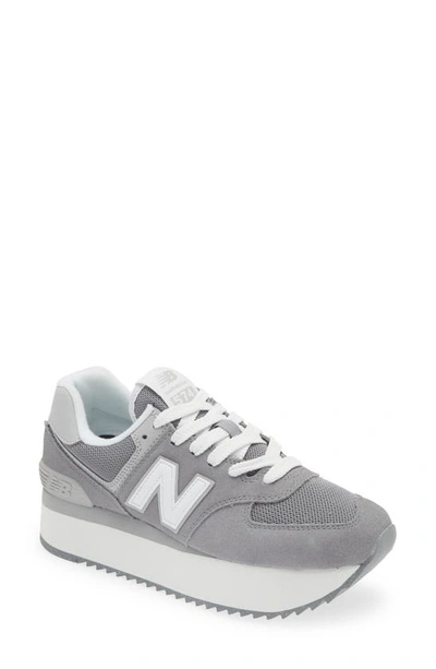 New Balance 574+ Platform Sneakers In Green With Gray And White Detail In Shadow Grey/rain Cloud 
