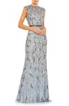 Mac Duggal Beaded Paisley Sleeveless Trumpet Gown In Platinum Gold
