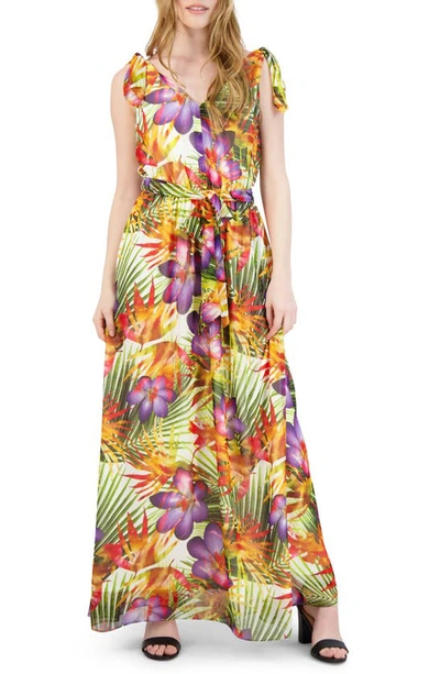 Donna Ricco Floral Tie Shoulder Maxi Dress In Ivory Multi