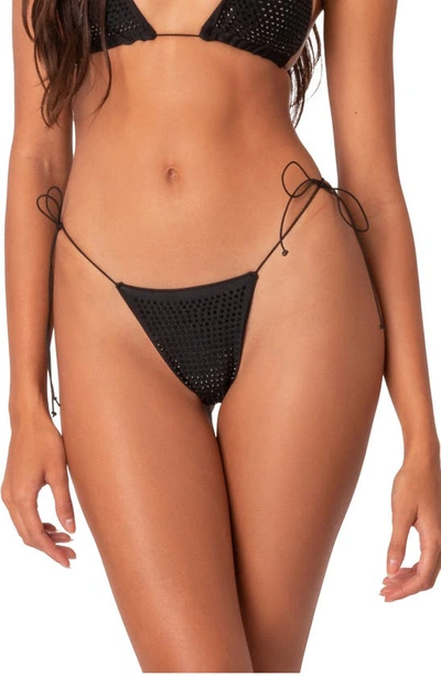 Edikted Shimmer Rhinestone Side Tie Bikini Bottoms In Black