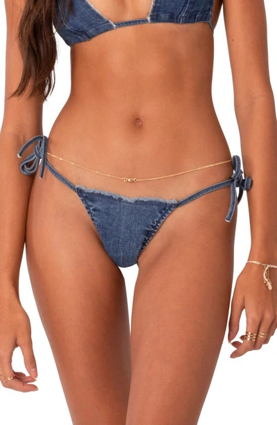 Edikted Didid Distressed Denim Side Tie Bikini Bottoms In Blue