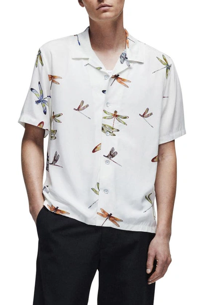 Rag & Bone Avery Print Short Sleeve Button-up Camp Shirt In Ecru Dragonfly