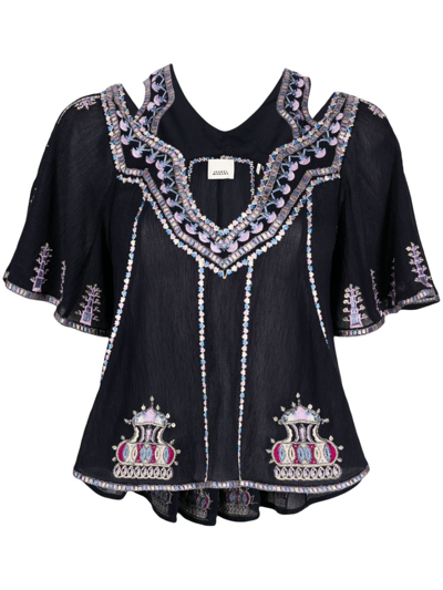 Isabel Marant Biani Embroidered Top In Blue