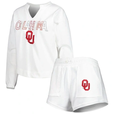 Concepts Sport Women's  White Oklahoma Sooners Sunray Notch Neck Long Sleeve T-shirt And Shorts Set