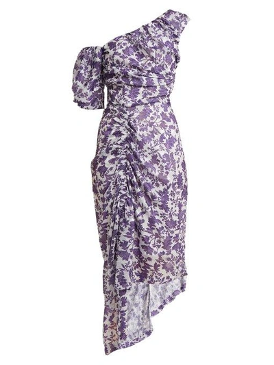 Preen By Thornton Bregazzi Nicole One-shoulder Ruched Floral Print Jacquard Dress In Purple