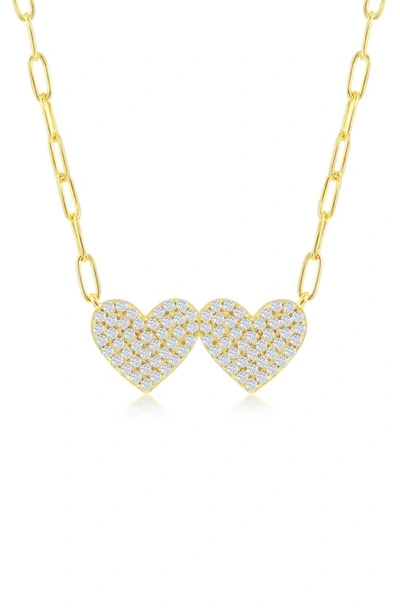 Simona Gold Plated Over Sterling Silver Double Heart Cz Paperclip Necklace