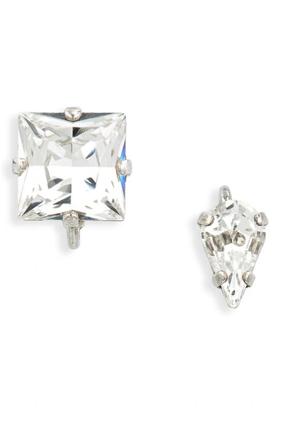 Saint Laurent Set Of 2 Mismatched Rhinestone Ear Cuffs In Oxidized Silver/ Crystal