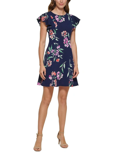 Jessica Howard Petites Womens Floral Pockets Fit & Flare Dress In Blue