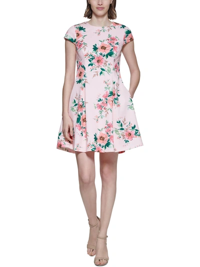 Jessica Howard Petites Womens Floral Print Mini Fit & Flare Dress In Pink