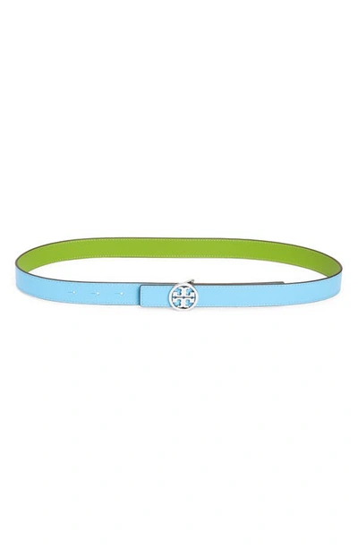 Tory Burch Miller Reversible Logo Belt In Moroccan Blue / Wheatgrass