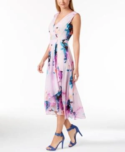 Calvin Klein Floral-print Surplice Dress In Purple Multi