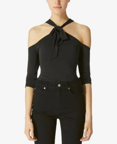 Avec Les Filles Tie-neck Cold-shoulder Top In Black