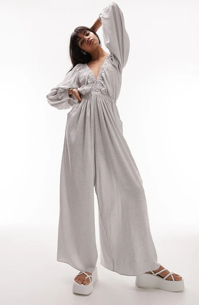 Topshop Stripe Linen Jumpsuit In Mono-multi