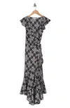 Max Studio Patterned Ruffle Wrap Midi Dress In Black/ Bge Flrl Intersection