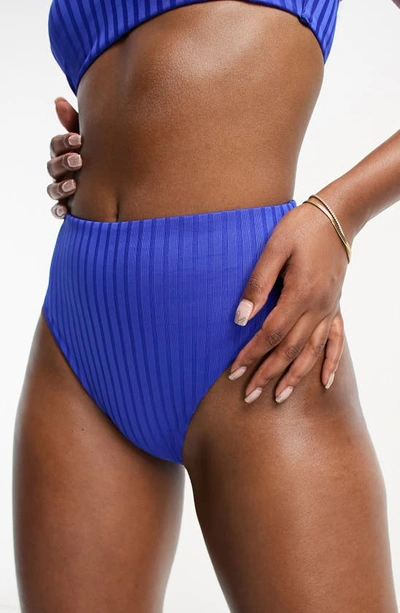 Asos Design Mix And Match Rib High Leg Thong Bikini Bottom In Cobalt Blue