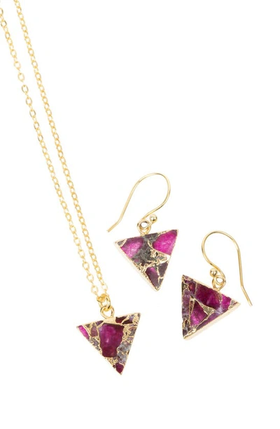 Saachi Mini Triangle Earrings And Necklace Set In Gold/ Pink
