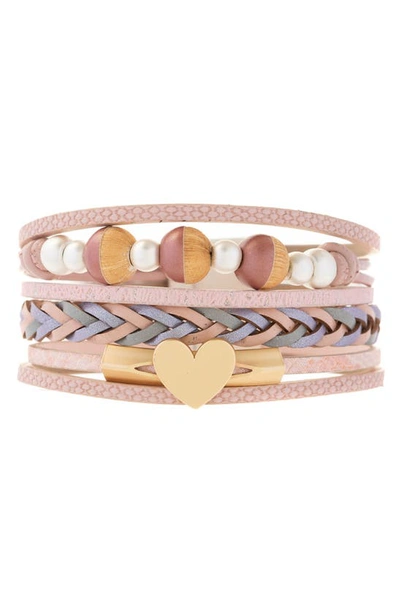 Saachi Wooden Beaded Braided Leather Cuff Bracelet In Pink