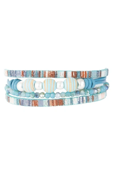 Saachi Cool Toned Wood Beaded Leather Bracelet In Blue Combo