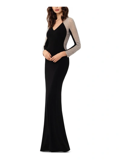 Xscape Petites Womens Embellished Mesh Evening Dress In Black