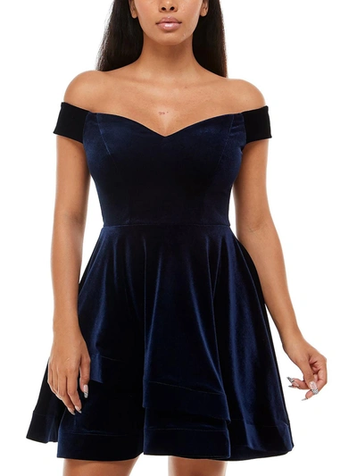 B Darlin Womens Velvet Off The Shoulder Fit & Flare Dress In Blue