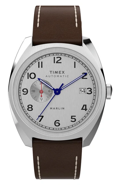 Timex Marlin Automatic Leather Strap Watch, 39mm In Brown/silver Tone